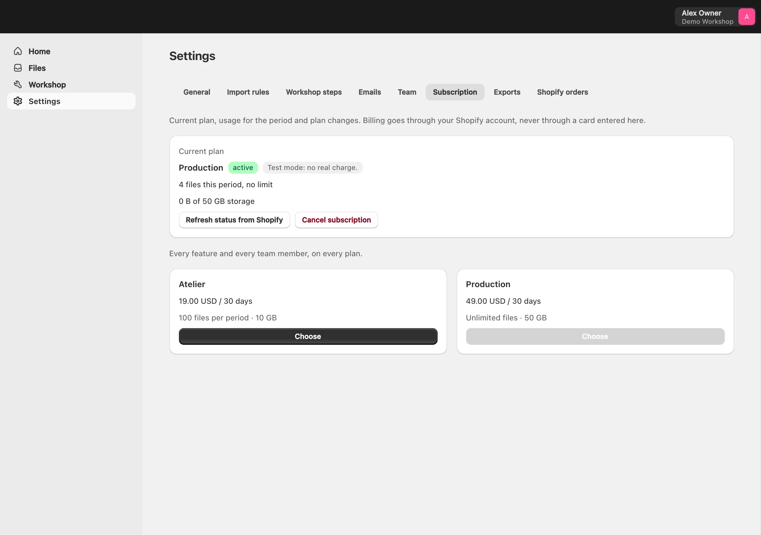 Admin settings, Billing tab: Production plan active in test mode, dossiers created this period, storage used, the two plans with price and volumes, Refresh from Shopify and Cancel buttons.
