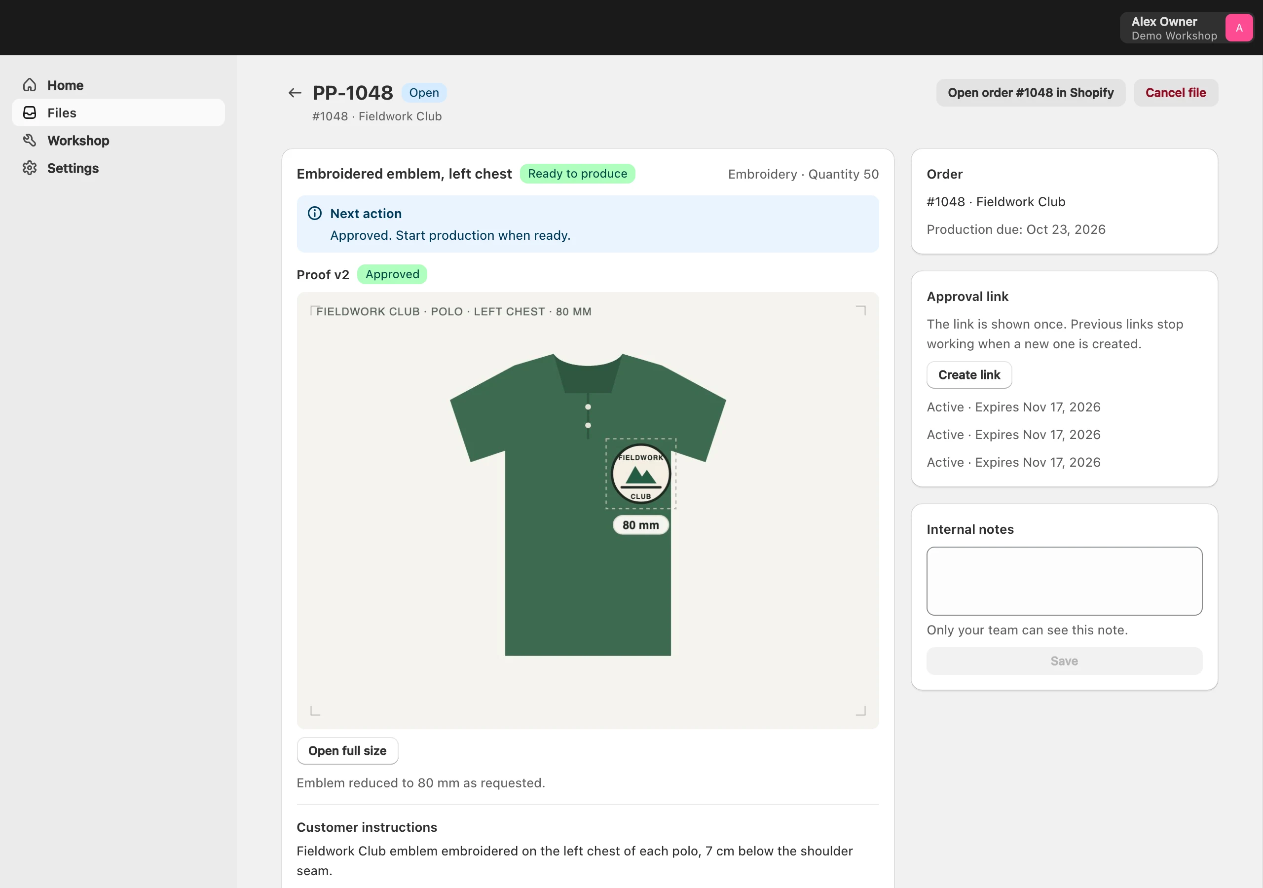 File PP-1048 in the admin: proof V2 approved, instructions, the customer's comment on V1, timestamped history and a Start production button.