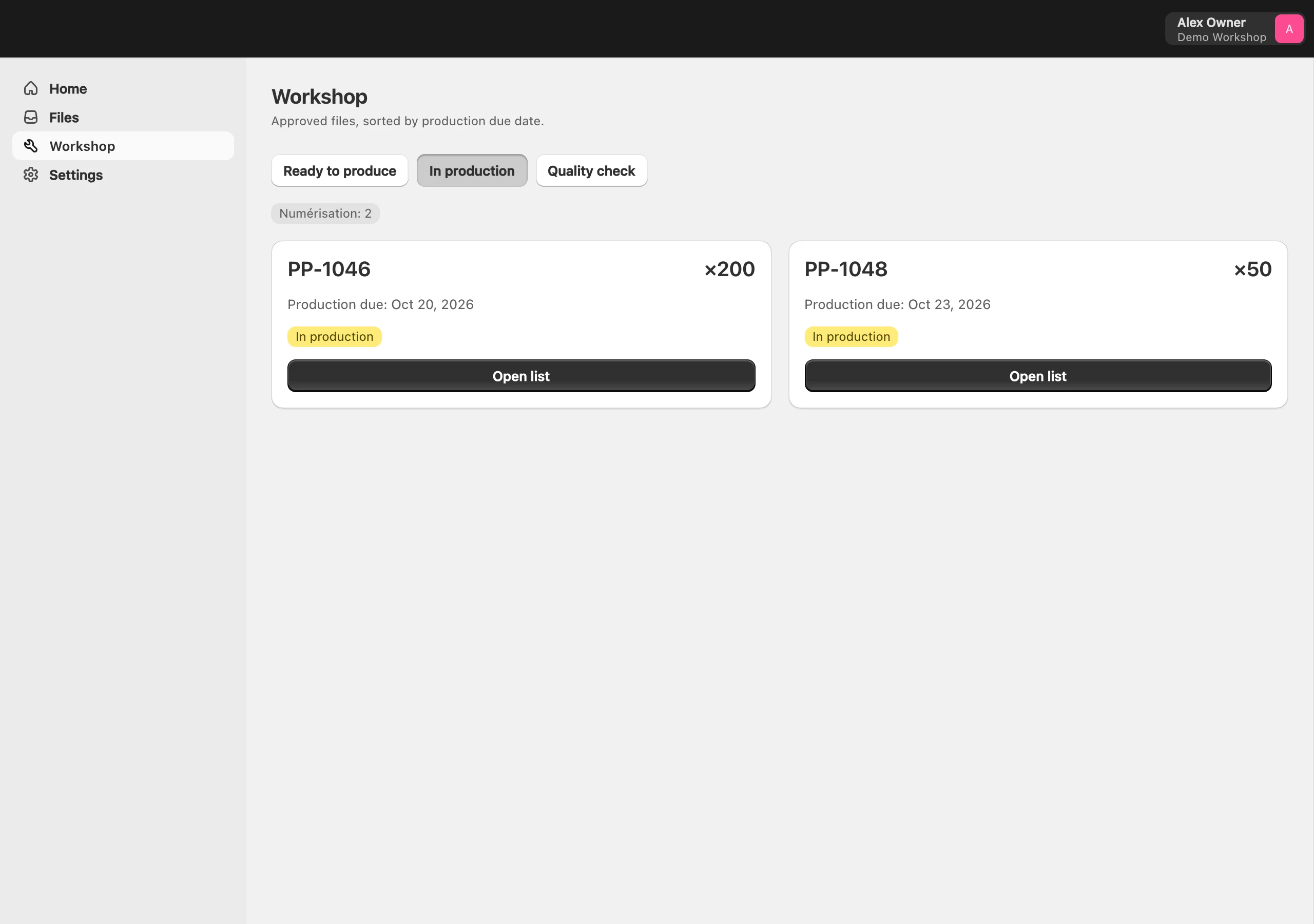 Workshop view in the admin, Production tab: file PP-1048, 50 pieces, production due date and current step.