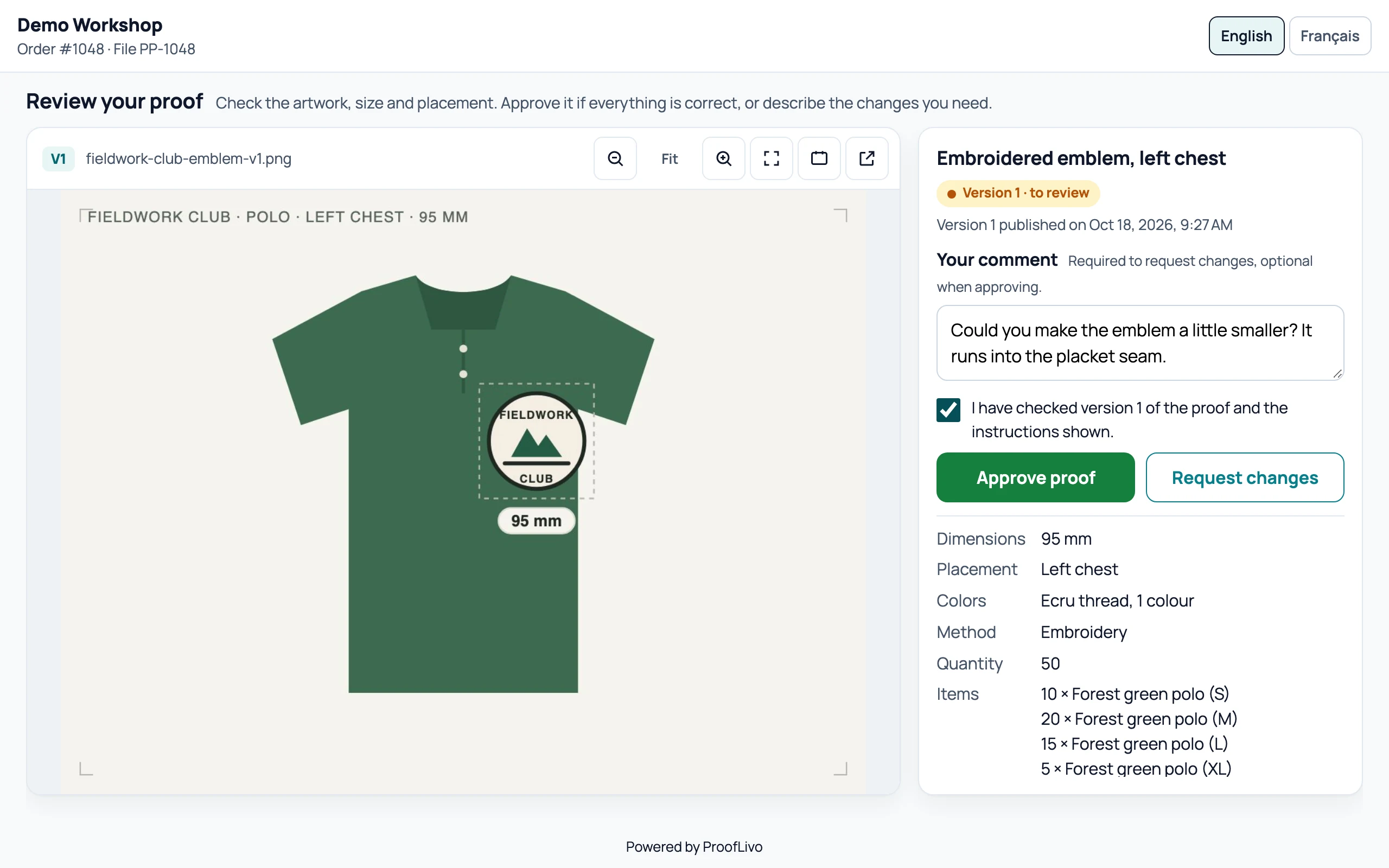 Approval page as seen by the customer on a desktop: polo artwork on the left, instructions, comment and decision buttons on the right.