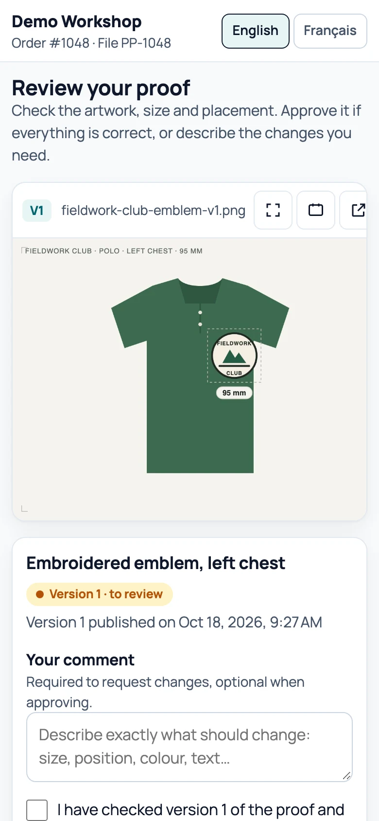 ProofLivo review page on a phone: proof V1 of the polo with the emblem at 95 mm, embroidery instructions, a confirmation checkbox and two buttons, Approve proof and Request changes.